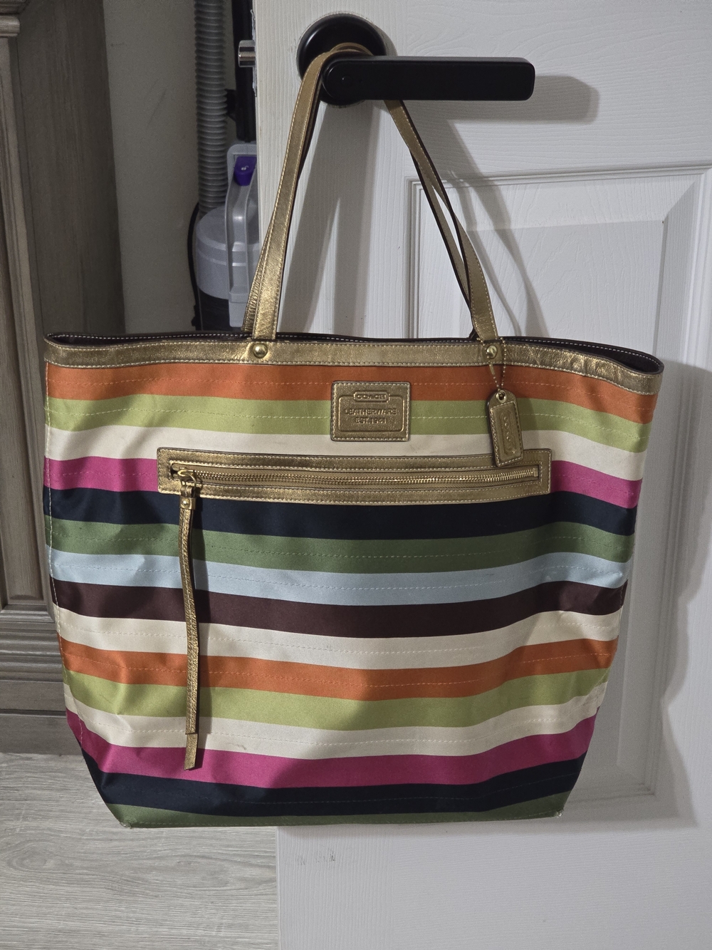 Coach Multicolor Striped Tote Bag with Gold Trim
